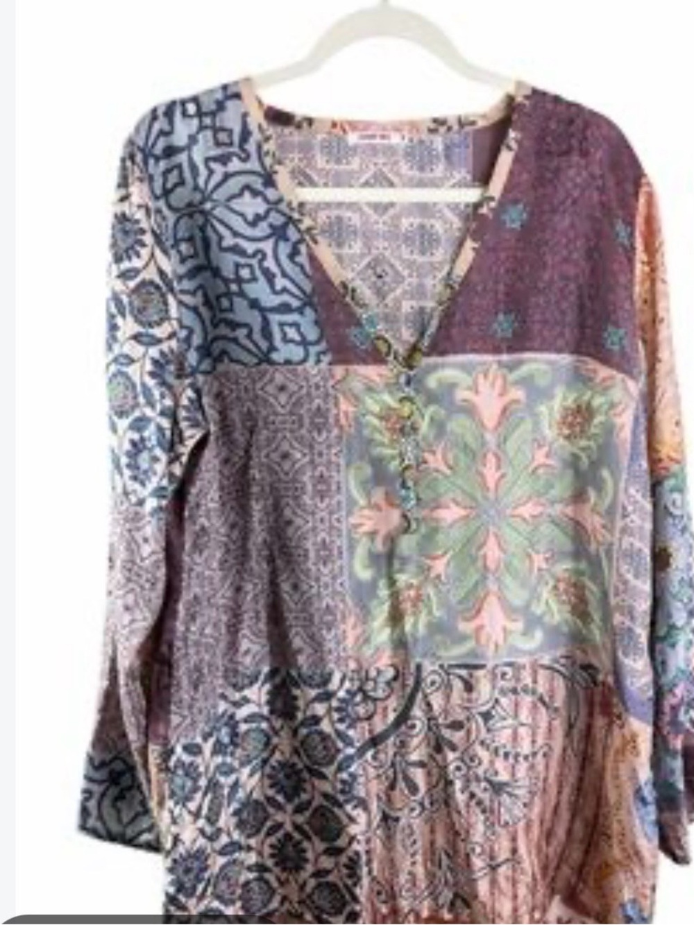Johnny Was Multicolor Patchwork V-Neck Tunic - Blue, Purple, Pink, Green